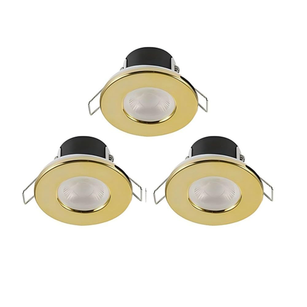 Valve Kings Brushed Brass LED Bathroom Kitchen Dimmable Spotlight Down Light IP65 Ceiling Waterproof 4 Bezel Finishes Fire Rated Bulb Energy Efficient A++ - Pack of 3