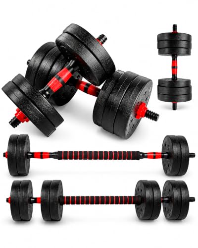 unycos - Juego de Mancuernas Ajustables 20 kg con Barra de Conexión y Ajuste Manual, Discos de Cemento Recubiertos, Pesas para Gimnasio en Casa (Red Transformer)