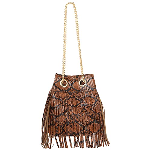 Felite Fnn Vintage Snake Print Bucket Bag for Women, Adjustable Chain Strap Crossbody Purse, Boho Chic Small Shoulder Bag