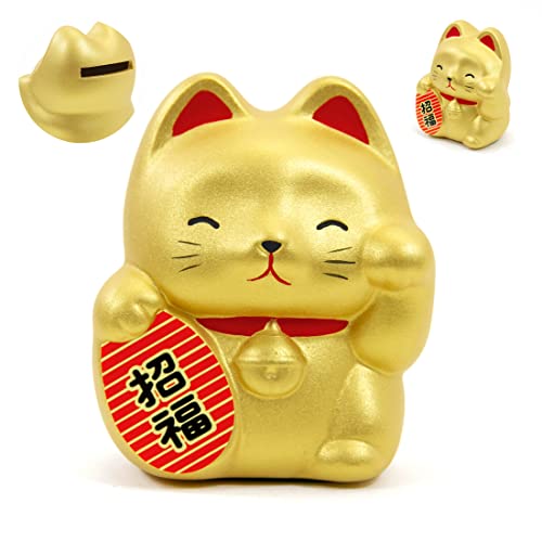 Maneki Neko Chat Japonais Porte-Bonheur avec Patte Levé en Argile, Fabriqué au Japon - Statuette Tirelire de Chance, Prospérité, Richesse, Santé - Lucky...