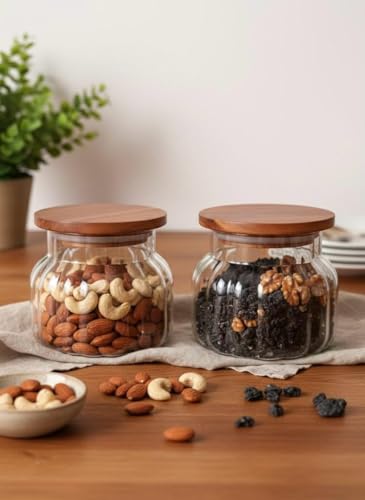 Image of SUANI Air Tight Bubble Glass Jar Container with Wooden Lid for Home and Kitchen | Odor Free Storage Jar | Jars For Cookies, Namkeen, Dry Fruits and Kitchen Storage, (500Ml) (Pack Of 2)
