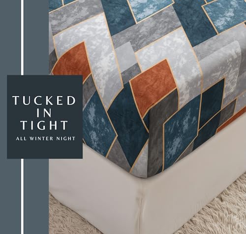 Image of BSB HOME Luxury Warm Winter Elastic Fitted Bedsheet with 2 Pillow Covers - Ultra Soft Flannel Velvet Touch, Cozy & Wrinklefree lintfree Size - 78x72+10 Inches, Checks Teal Blue & Grey