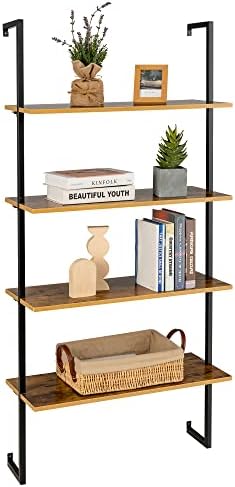 Tangkula 4-Tier Ladder Bookshelf Widened 30 Inch, Wall Mounted Ladder Shelf Bookcase, Industrial Open Display Storage Rack Against The Wall, Plant Flower Stand with Metal Frame for Home Office