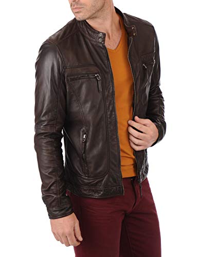 Image of 100% Leather Jacket for Men - Round Collar Slim Fit - Moto, Bomber, Biker Winter Casual Wear
