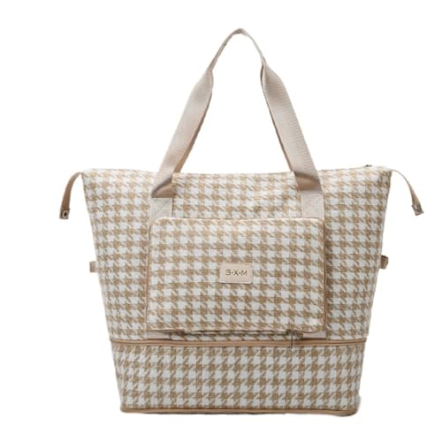 Foldable Travel Tote Bag Houndstooth Duffle Bag Gym Bag for Women Weekender Overnight Duffel Bag Shoe Compartment (Beige)