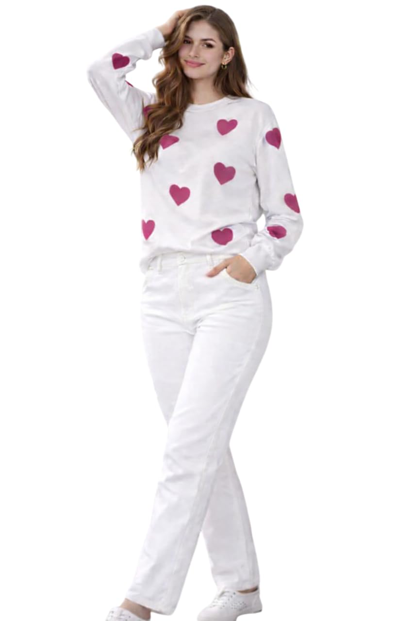 giriwariya Oversized Brushed Inside Sweatshirt with Pant Set, White with Pink Hearts, Long Sleeve Loungewear (IN, Alpha, L, Regular, Pink)-picture-31