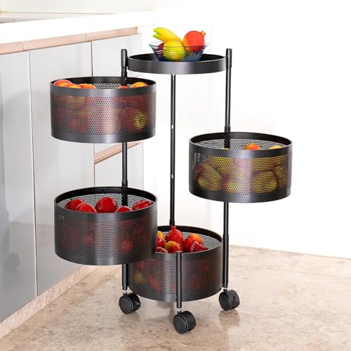 Image of MARKWELL Round Rotatable Kitchen Trolley with Wheels | Vegetable Fruit Onion Storage Rack | Multipurpose Metal Kitchen Organizer Stand | Matt Black (Round - 4 Layer)