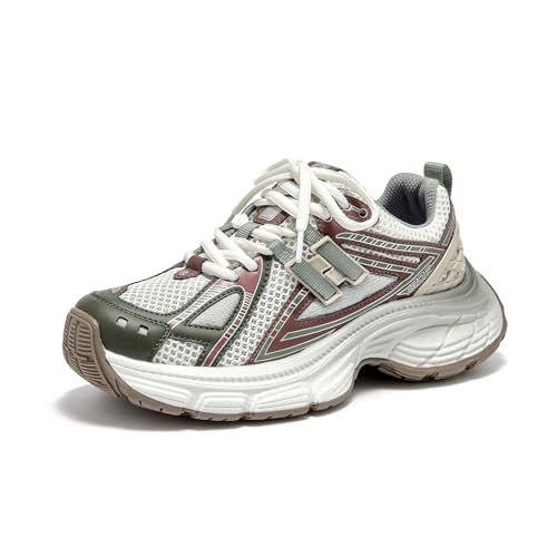 Image of BEAU TODAY Chunky Sneakers for Women, Womens Fashion Sneakers, Lightweight Leather Sneakers for Women, Comfortable Casual Lace-Up Breathable Dad Shoes
