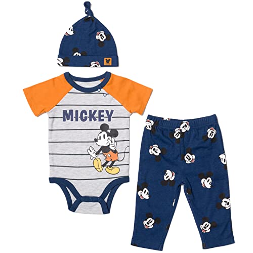 Image of Disney Mickey Mouse Pluto Donald Duck Baby Bodysuit Pants and Hat 3 Piece Outfit Set Newborn to Infant