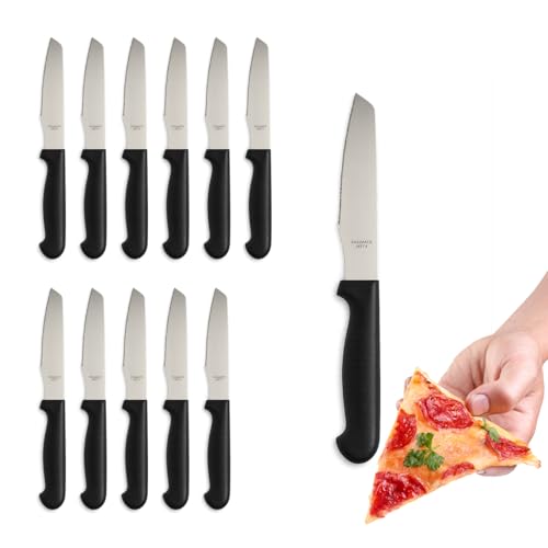 PALUPLUS Set 12 Coltelli per Pizza in Acciaio Inox, Lunghezza 21 cm, Lama Seghettata e Temprata, Impugnatura Ergonomica Nera, Coltelli da tavola per Bistecca e Pizza -009M -0,59
