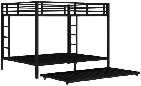 Bellemave Metal Bunk Bed with Trundle Bed, Queen Over Queen Bunk Bed Frame with 2 Side Ladder and Thicker Legs, Black