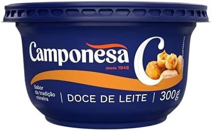 Pote de doce de leite pastoso Camponesa de 300g em embalagem azul com detalhes em laranja.