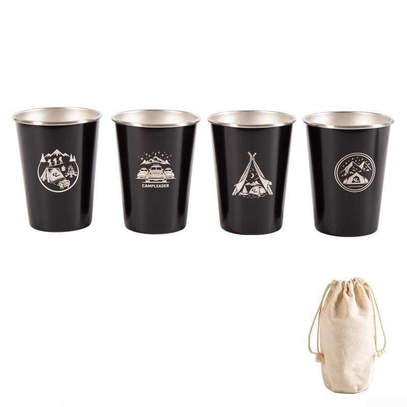 4 Pack 350ml Stainless Steel Coffee Cups for Hiking and Camping, Lightweight Stackable Outdoor Cups with Storage Bag, 304 Stainless Steel Material (350ml yellow)