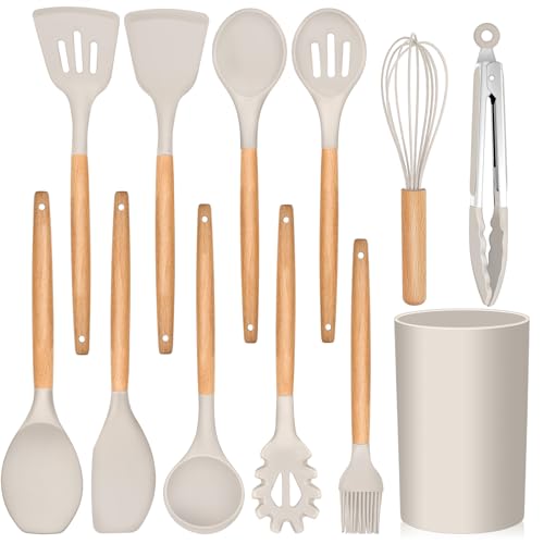 E-far Kitchen Utensils Set of 12, Silicone Cooking Utensils with Holder, Non-stick Cookware Friendly & Heat Resistant, Includes Spatula Tong Whisk Ladle Brush Slotted Turner Spoon(Khaki)