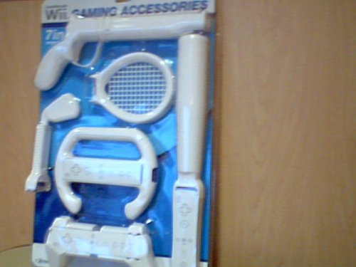 Zenex on the Move Wii Gaming Accessories 7-in-1 Sports Pack Blister Package Version Model#301-9713 for Nintendo Wii System---comes with Wii Tennis Racquet, Wii Golf Club, Wii Baseball Bat, Wii Pistol, Wii Steering Wheel, Wii Remote Grip, & Wii Remote Handle---user Friendly Snap-in Design Comfortable Converts Wii Controller Into 6 Different Gaming Kits---each of the Sets Are for Use with Compatible Wii Console Game. The Accessories Set Help Simulate the Corresponding Game Actions. (Nintendo Wii System Console Version)