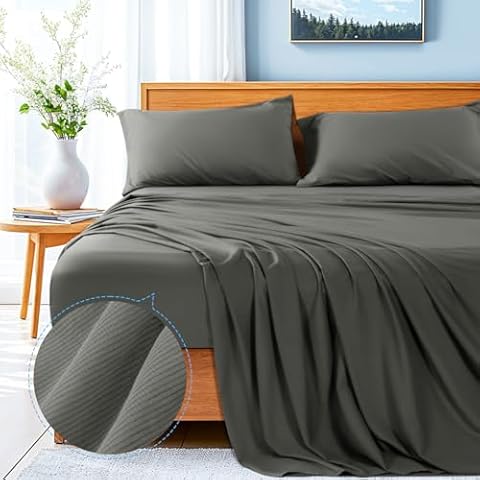 Shilucheng 100% Cotton Queen Size Sheets Set - 600 Thread Count，Cooling Breathable Hole Structures Cotton Bed Sheets，5-Star Hotel Quality Sheets, 16 Inch Deep Pocket - 4 Piece (Dark Grey) Cover