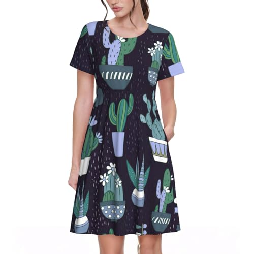 Robe d'été manches courtes fluide au motif plantes succulentes