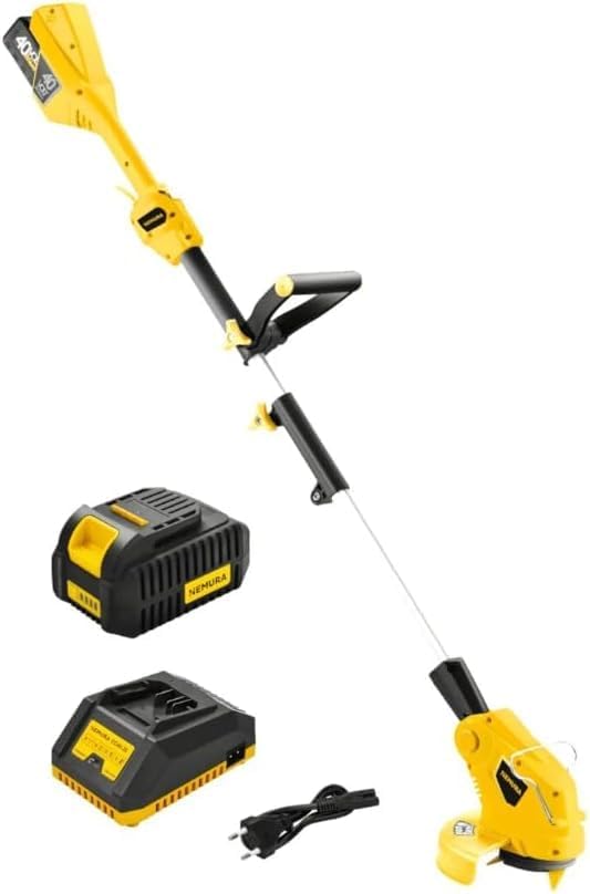 NEMURA coupe-bordure batterie 40V brushless lames nylon coupe 25 cm tête inclinable 4 positions 1 batterie 2Ah chargeur rapide marque française 100 euros
