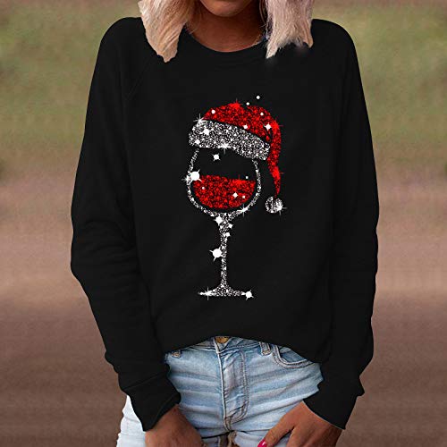 Weihnachtspullover Damen Lustig Rot Weinglas Langarm Weihnachts Sweatshirt Glitzer Weihnachtspulli Baumwolle Herbst Winter Pullover Ugly Christmas Sweater Rundhals Langarmshirt Xmas Oberteile