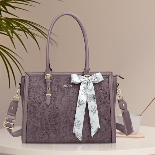Image of MOSISO Laptop Bag for Women, PU Leather Tote Bag, Front Embossed Retro Hibiscus Computer Bags with Silk Scarf&Clutch Purse