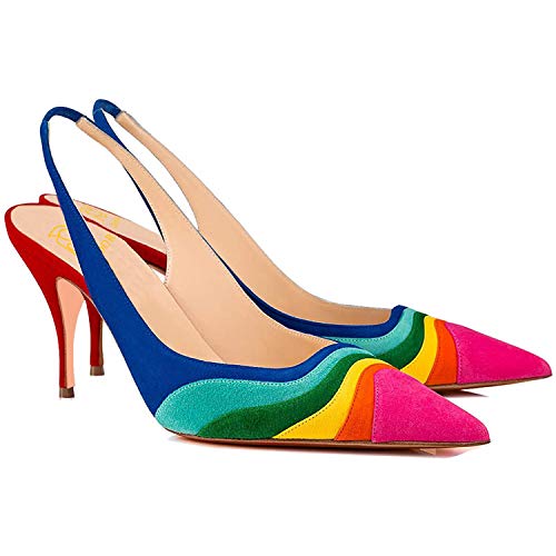 LEHOOR Women Rainbow Slingback Pumps Kitten Heels Pointed Toe Suede, Multicolor High Heel Pumps Stiletto Elastic Strap Closed Toe for Ladies Dress Party 5-13 M US