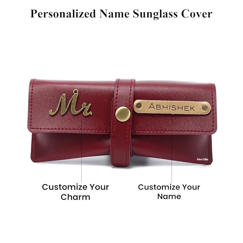 Image of AICA Personalised Name & Charm Leather Sunglass Case Cover for Men & Women | Hard Case Eyewear Cover