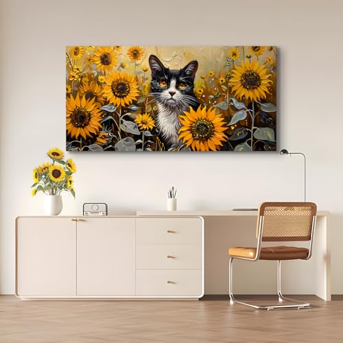 SERIMINO Large Wall Art for Living Room, Sunflower Cat Modern Home Decor Canvas Prints, Flower Field Landscape Pictures Wall Decor, Cute Animal Dining Room Bathroom Office Decor Paintings 30"X60"