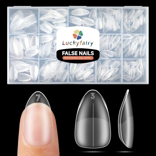 Image of Luckyfairy Short Almond Nail Tips, 504pcs Full Cover Soft Gel Nails Tips 15 Sizes No C Curve Almond Shape Nail Tips for Acrylic False Nails Professional for Nail Extensions Salons Home DIY