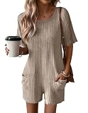 Ekouaer Rompers for Women Casual Ribbed Short Sleeve T-Shirt Tee Romper Summer Outfits with Pockets 2026 Khaki M