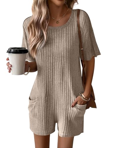 Ekouaer Rompers for Women Casual Ribbed Short Sleeve T-Shirt Tee Romper Summer Outfits with Pockets 2026 Khaki XL