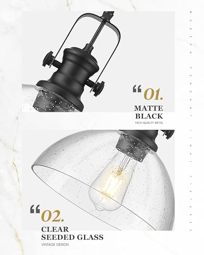 Image of 2-Pack Black Pendant Lights Kitchen Island, 10.5 inch Farmhouse Pendant Lighting with Clear Seeded Glass Shade, Vintage Hanging Light Fixtures for Dining Room, AD-22151-1P2L-BK