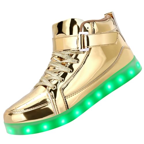 PADGENE Chaussures de Sport Montantes à LED Clignotantes Femme/Homme Rechargeables par USB (XE Or, 35 EU)