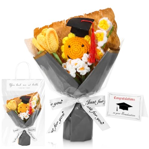 Glitinsel 2026 Graduation Crochet Flowers Bouquet Gifts Class of 2026 Graduation Gift for Her Sunflower Mortarboard with Greeting Cards Bag Handmade Knitted Artificial Flowers for Grad(Grey)