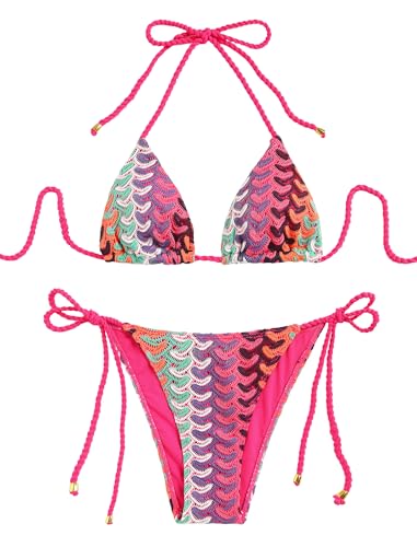 Image of ZAFUL 2 Piece Triangle Bikini for Women Knitted Rope Halter Bikini Sets Sexy Bathing Suit Side Tie Swimsuits Beachwear