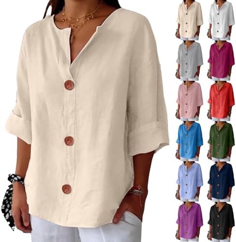 Linen Shirts for Womens Button Down V Neck 3/4 Sleeve Blouses Summer Boho Vacation Beach Casual Loose Tunic Tops