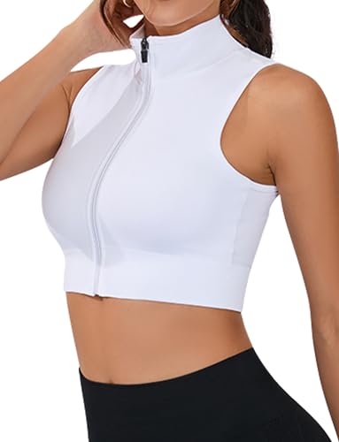 Camiseta corta sin mangas top deportivo con cremallera cuello alto falso para gimnasio y yoga