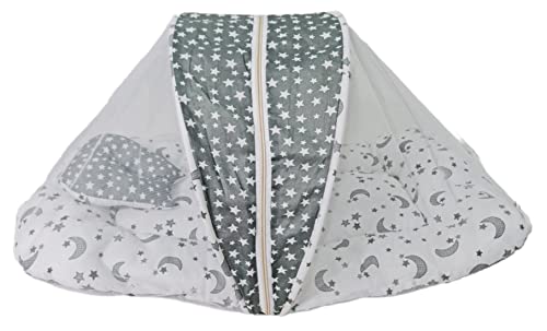 Image of BRANDONN Combo of Baby Bed with Net | Carry Bag | 4 Pcs Bedding Set(0-6 Months) (Stars & Moon Grey)