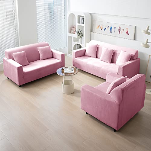 Image of HOKIPO 200 GSM Premium Velvet Series Elastic Sofa Cover 1 Seater, Pink (AR-4736-PNK)