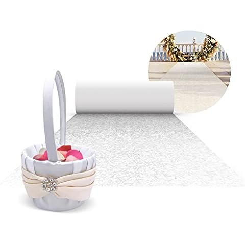 SLS SUPPLY FLORA - White-Satin-Ivory Flower Girl Basket & Aisle Runner Set, Elegant Aisle Runner for Wedding Ceremony & Small Flower Girl Baskets for Weddings, Nuptial Decor & Accessory Bundle Cover