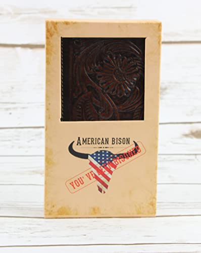 American Bison Arrigo Floral Design RFID Rodeo Wallet for Men – Hand-Tooled Cowhide Leather Wallet with Gift Box (Dark Brown)2
