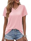 TACVASEN Camiseta Manga Corta Mujer Algodon Top Mujer Verano Camiseta Pico Elegantes Casuales Tshirt Basica tee Shirt Algodón Top Rosa Claro, M