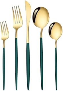 YOBOKO 5 Piece Stainless Steel Flatware Dinning Set, Safe Tableware Goldenware/Silverware, Mixed Cutlery Sets Spoon Knife Fork Set for Home/Kitchen/Restairant (Green-Golden)