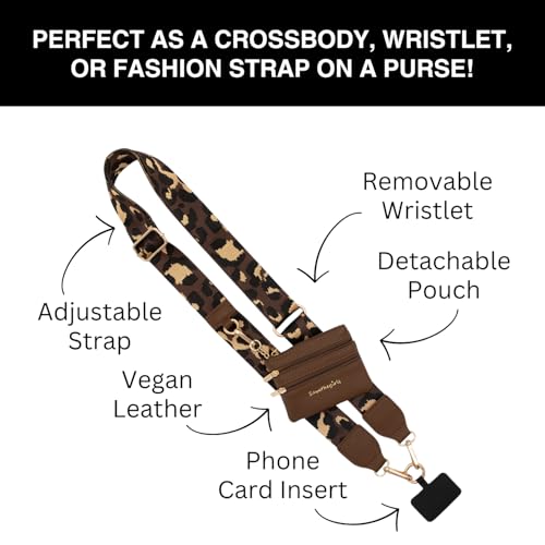 Image of Save the Girls Original Clip and Go Phone Strap (Leopard Brown /Gold - Brown Pouch) - Crossbody Phone Strap Chain with Zipper Wallet - Phone Lanyard with Zippered Pouch