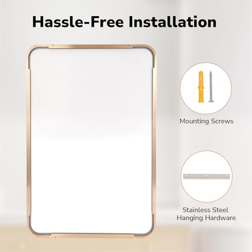 Image of USHOWER Gold Bathroom Mirror 22 inchx30 inch, Brushed Champagne Gold Rectangle Mirror for Over Sink, Aluminum Frame, Anti-Rust, Tempered Glass, Horizontal or Vertical Mounted