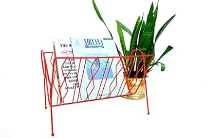 INDIAN DECOR Retro Atomic Metal Magazine Rack LP Record Holder Home Decor (Red)