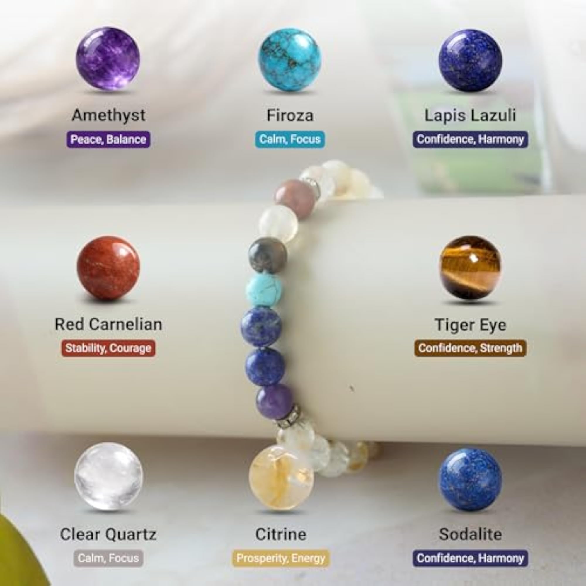 Seven Chakra Healing Crystal Bracelet with Amethyst, Lapis Lazuli, Tiger Eye