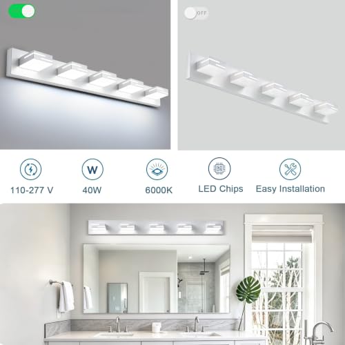 Image of LED Modern Bathroom Vanity Light Fixtures, Dimmable White Vanity Lights for Bathroom Lighting Fixtures Over Mirror, with 360 Rotatable Acrylic Heads 5-Light 36-inch (Cool White 6000K)