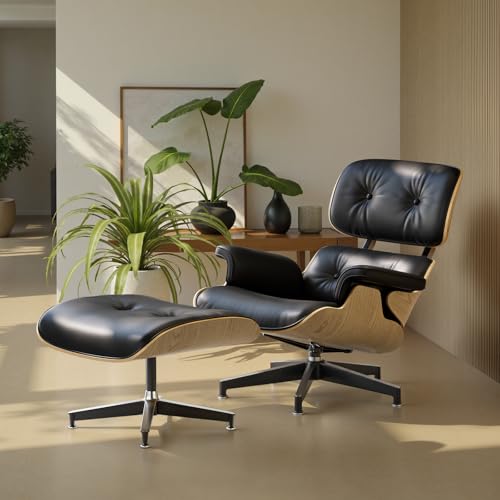 Image of Top Black Grain Leather, Mid Century Chaise Lounge Chair and Ottoman, Modern Chair Classic Design, Ash Wood, Heavy Duty Base Support for Living Room Office