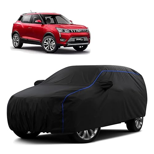 Image of Sulfar 100% Water Resistant Car Body Cover Compatible with Mirror for Mahindra XUV 300 (Triple Stitched, Full Bottom Elastic, Black Tafetta with Blue Piping)