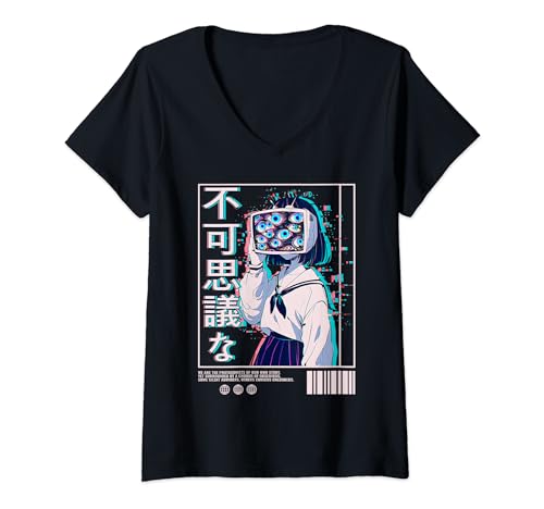 Womens Anime Girl Weirdcore Aesthetic Japanese Harajuku Fashion V-Neck T-Shirt